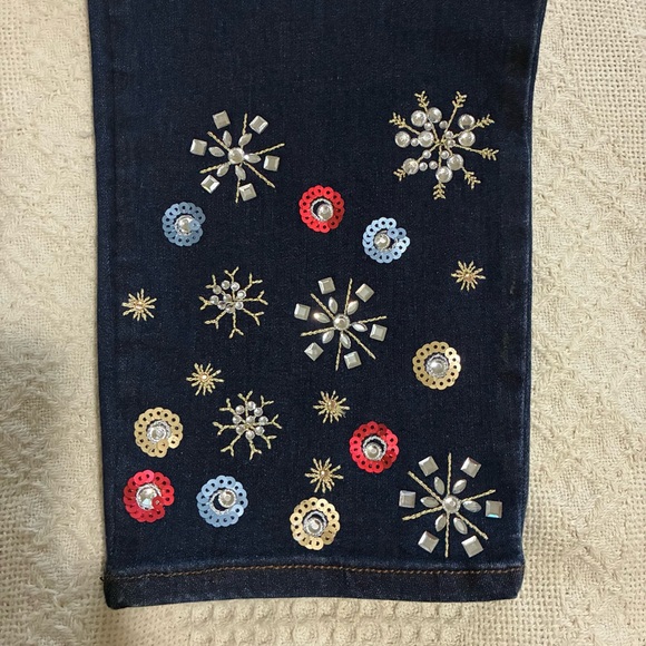 Chico’s Blue Jeans Sz 2 (12) Embellished Bling Sequins Jewels Festive Holiday - Picture 9 of 11